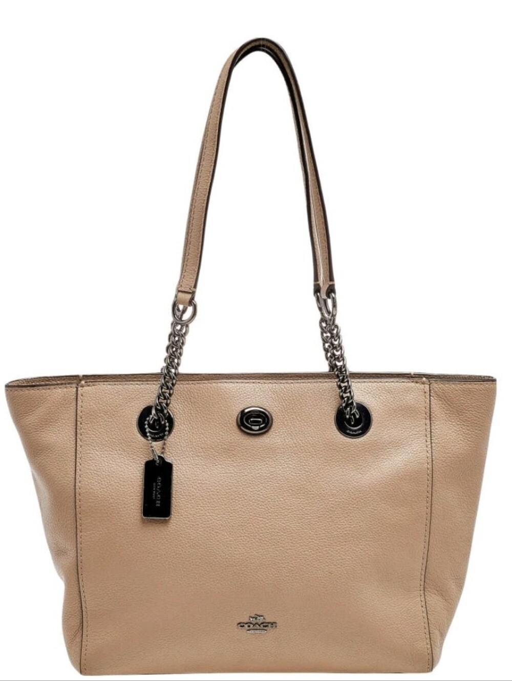 Coach NWOT Turnlock Chain Tote 27 Polished Pebble Leather Tote In Taupe